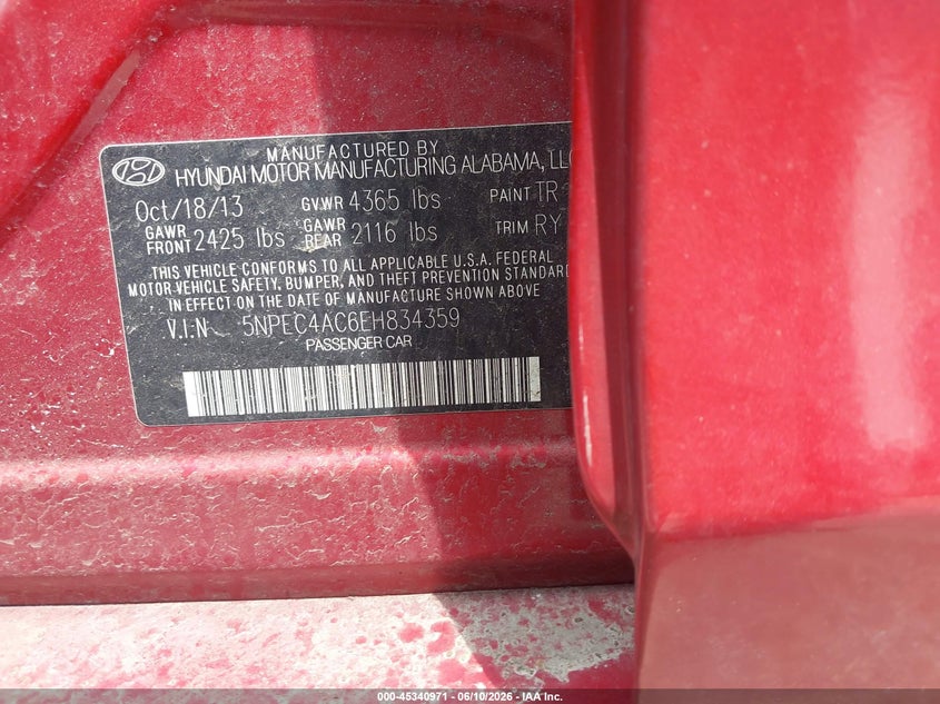 2014 Hyundai Sonata VIN 5NPEC4AC6EH834359 IAAI salvage auction — NORMAL WEAR, Salvage Title, sold $875 on 2026-07-07 (photo 9)