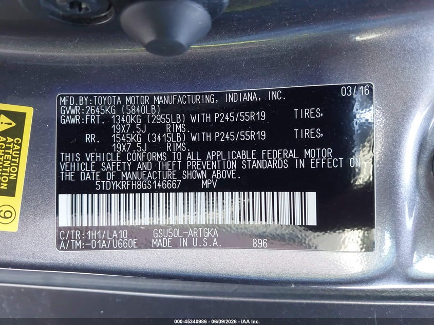 2016 Toyota Highlander VIN 5TDYKRFH8GS146667 IAAI salvage auction — RIGHT SIDE, Salvage (Texas), sold $7,150 on 2026-07-28 (photo 9)