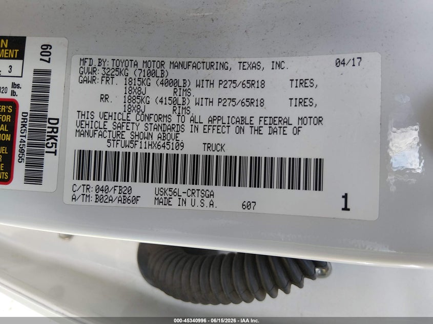 2017 Toyota Tundra VIN 5TFUW5F11HX645109 IAAI salvage auction — FRONT END, Salvage Title, sold $9,300 on 2026-07-29 (photo 9)