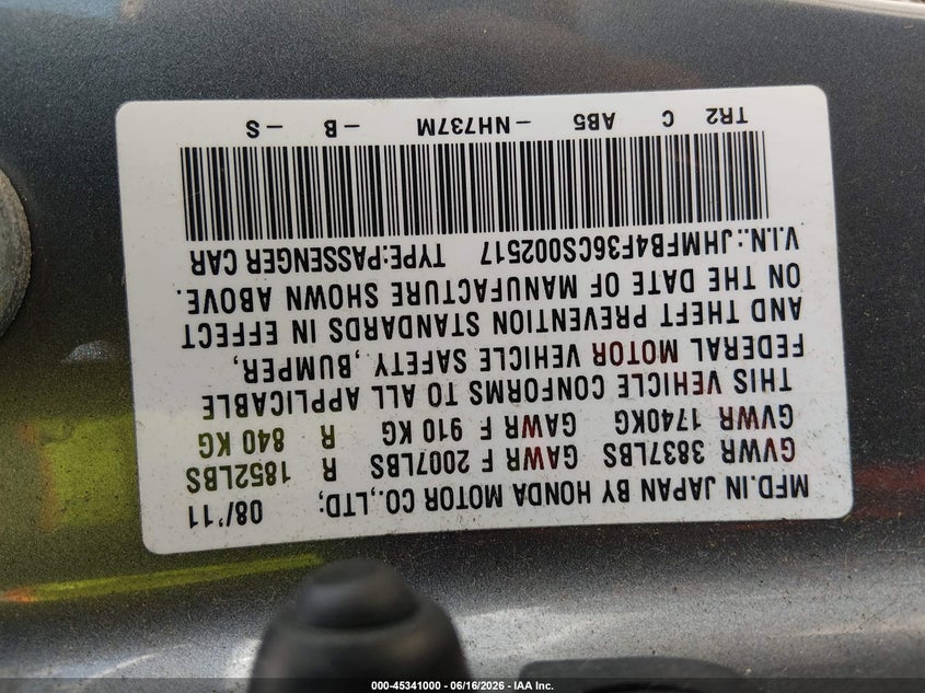 2012 Honda Civic VIN JHMFB4F36CS002517 IAAI salvage auction — NORMAL WEAR, Original (Kentucky), sold $775 on 2026-07-29 (photo 9)