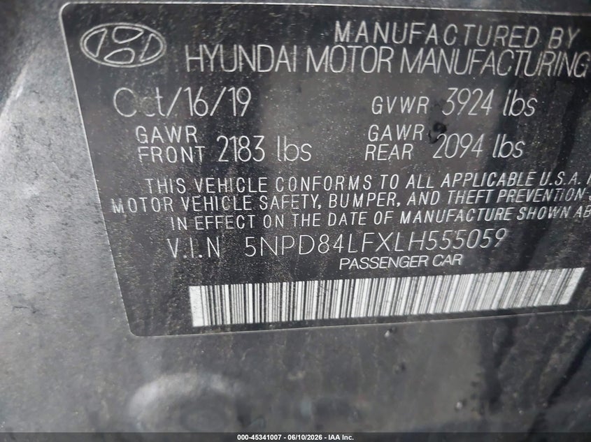 2020 Hyundai Elantra VIN 5NPD84LFXLH555059 IAAI salvage auction — REAR END, Rebuildable (Florida), sold $1,625 on 2026-07-22 (photo 9)