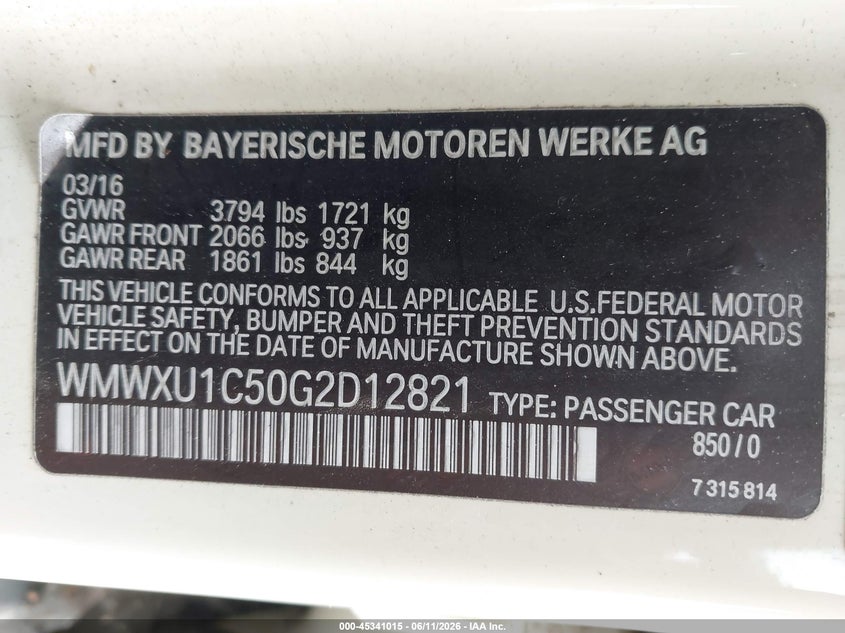 2016 Mini Hardtop VIN WMWXU1C50G2D12821 IAAI salvage auction — NORMAL WEAR, Clear (New Jersey), sold $1,400 on 2026-07-07 (photo 9)