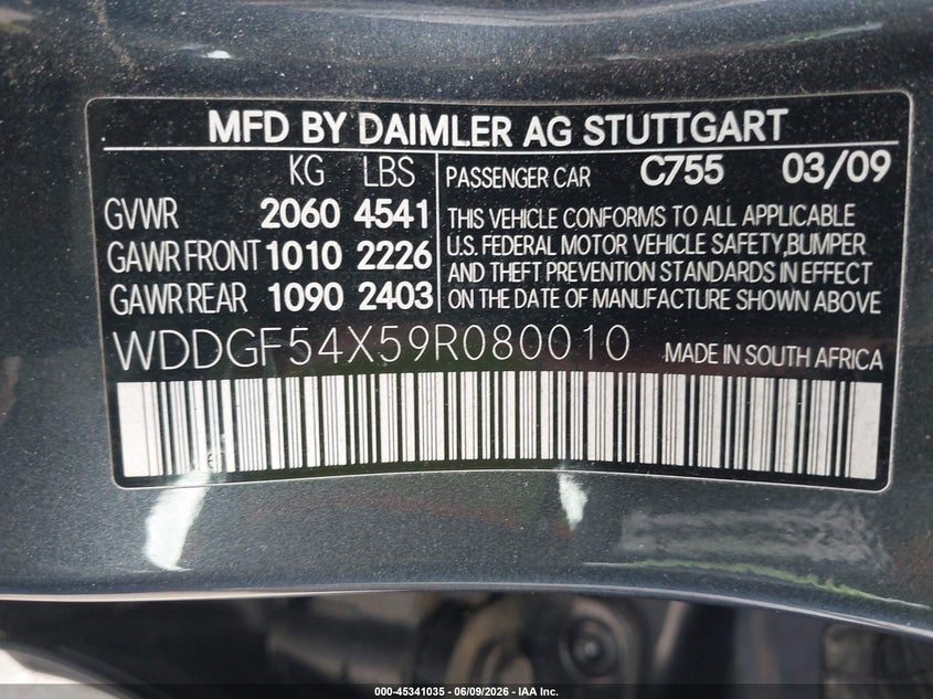 2009 Mercedes-benz C class VIN WDDGF54X59R080010 IAAI salvage auction — NORMAL WEAR, Clear (Maryland), sold $1,275 on 2026-07-09 (photo 9)