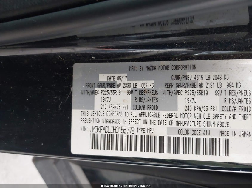 2017 Mazda Cx-5 VIN JM3KFADL0H0155779 IAAI salvage auction — REAR END, Rebuildable (Florida), sold $4,050 on 2026-07-11 (photo 9)