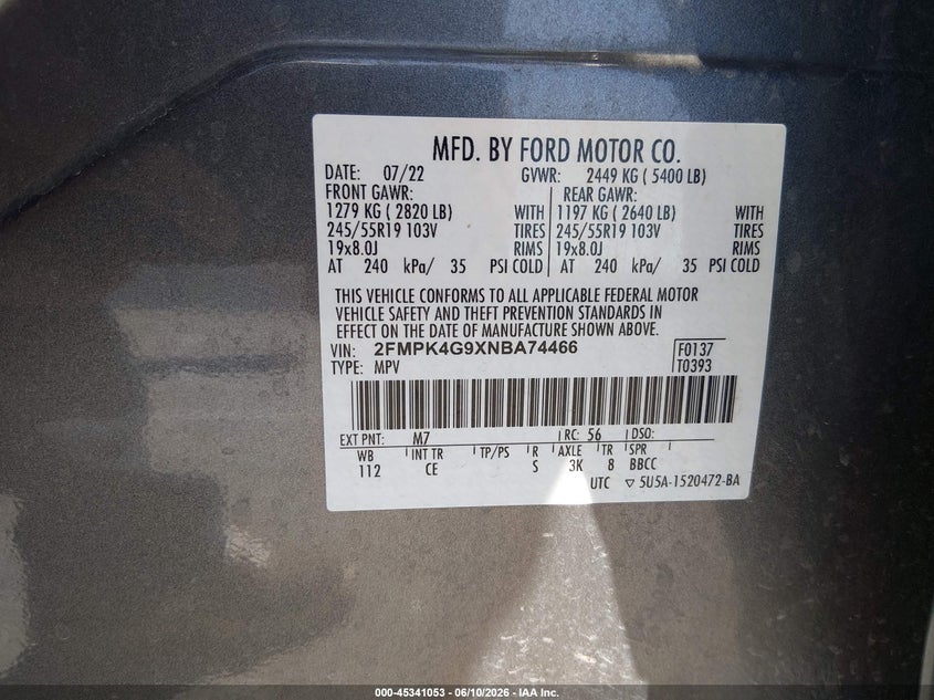 2022 Ford Edge VIN 2FMPK4G9XNBA74466 IAAI salvage auction — REAR END, Salvage (New Mexico), sold $7,000 on 2026-07-20 (photo 9)