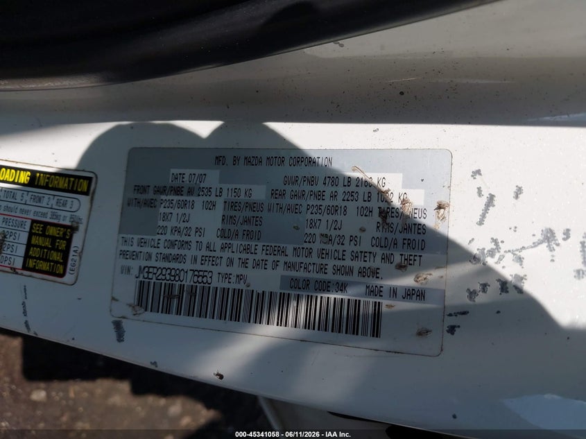 2008 Mazda Cx-7 VIN JM3ER293980176553 IAAI salvage auction — FRONT & REAR, Salvage (South Carolina), sold $525 on 2026-07-08 (photo 9)