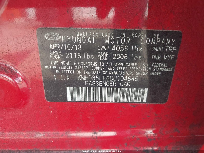 2013 Hyundai Elantra VIN KMHD35LE6DU104645 IAAI salvage auction — RIGHT SIDE, Salvage (Georgia), sold $475 on 2026-07-15 (photo 9)