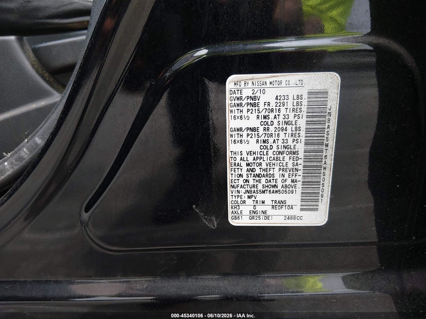 2010 Nissan Rogue sport VIN JN8AS5MT6AW505091 IAAI salvage auction — NORMAL WEAR, Clear (Florida), sold $400 on 2026-07-27 (photo 9)