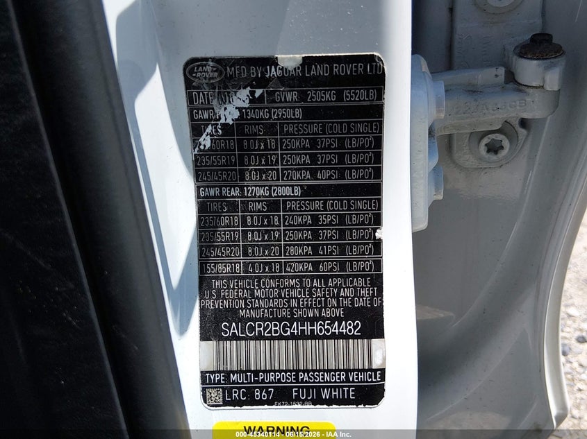 2017 Land rover Discovery sport VIN SALCR2BG4HH654482 IAAI salvage auction — NORMAL WEAR, Clear (New Jersey), sold $3,800 on 2026-07-07 (photo 9)