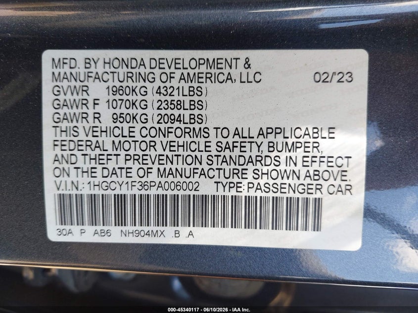 2023 Honda Accord VIN 1HGCY1F36PA006002 IAAI salvage auction — UNKNOWN, Salvage (Texas), sold $12,650 on 2026-07-30 (photo 9)