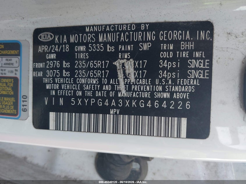 2019 Kia Sorento VIN 5XYPG4A3XKG464226 IAAI salvage auction — FRONT END, Salvage (Georgia), sold $2,550 on 2026-07-21 (photo 9)