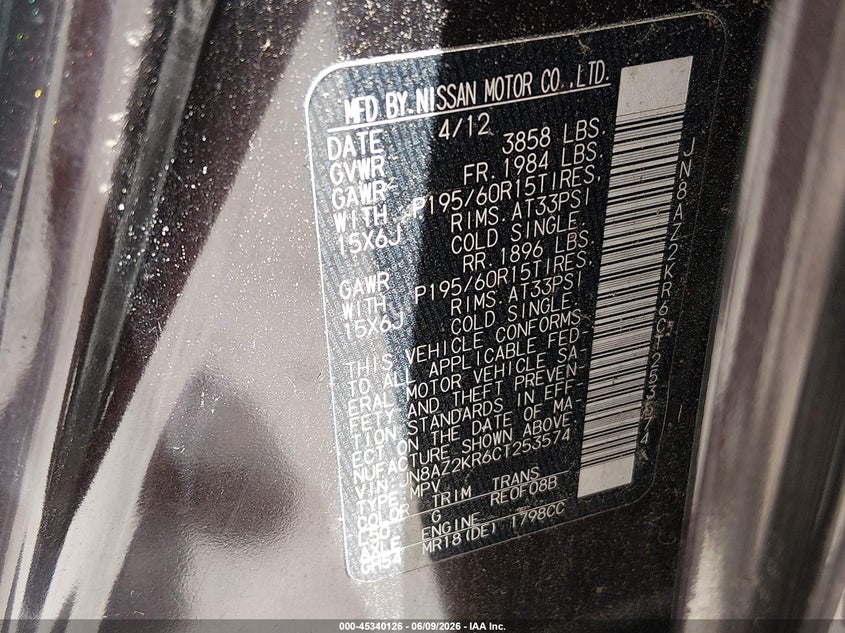 2012 Nissan Cube VIN JN8AZ2KR6CT253574 IAAI salvage auction — NORMAL WEAR, Clear (New Jersey), sold $500 on 2026-07-21 (photo 9)