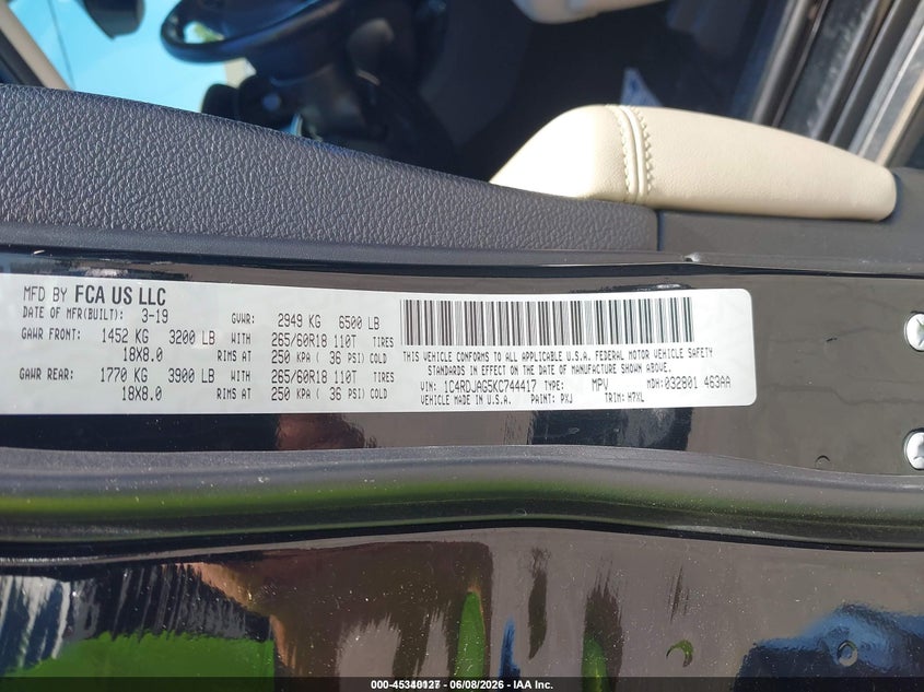 2019 Dodge Durango VIN 1C4RDJAG5KC744417 IAAI salvage auction — NORMAL WEAR, Sf97 (New York), sold $1,050 on 2026-07-23 (photo 9)