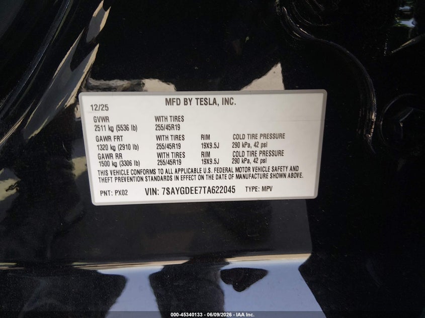 2026 Tesla Model y VIN 7SAYGDEE7TA622045 IAAI salvage auction — LEFT FRONT, Salvage (Illinois), sold $27,000 on 2026-07-23 (photo 9)