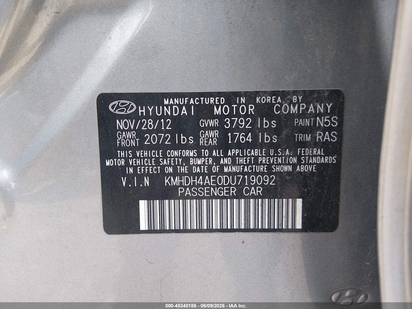 2013 Hyundai Elantra VIN KMHDH4AE0DU719092 IAAI salvage auction — LEFT REAR, Salvage Title, sold $425 on 2026-07-21 (photo 9)