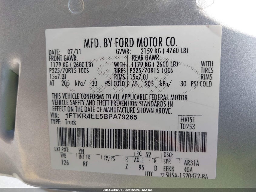 2011 Ford Ranger VIN 1FTKR4EE5BPA79265 IAAI salvage auction — HAIL, Nrc Lienholder Repossession Paperwork (Texas), sold $2,975 on 2026-07-09 (photo 9)