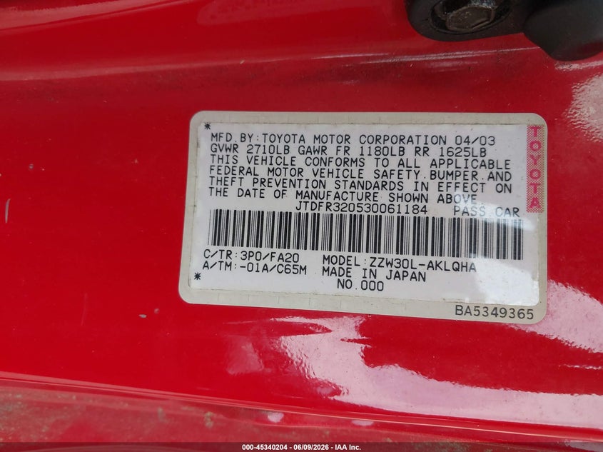 2003 Toyota Mr2 VIN JTDFR320530061184 IAAI salvage auction — NORMAL WEAR, Clear (Virginia), sold $550 on 2026-07-24 (photo 9)