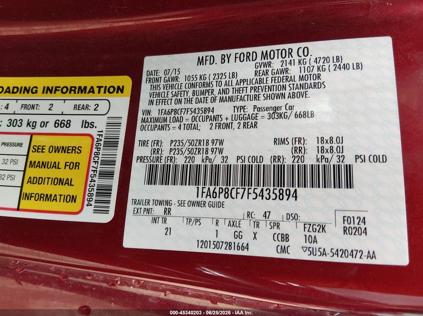 2015 Ford Mustang VIN 1FA6P8CF7F5435894 IAAI salvage auction — SIDE, Clear (Indiana), sold $6,100 on 2026-07-24 (photo 9)