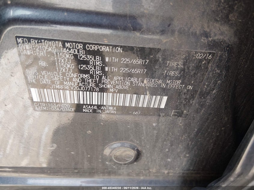 2016 Toyota Rav 4 VIN JTMRFREV2GJ077178 IAAI salvage auction — ALL OVER, Salvage (West Virginia), sold $975 on 2026-07-23 (photo 9)