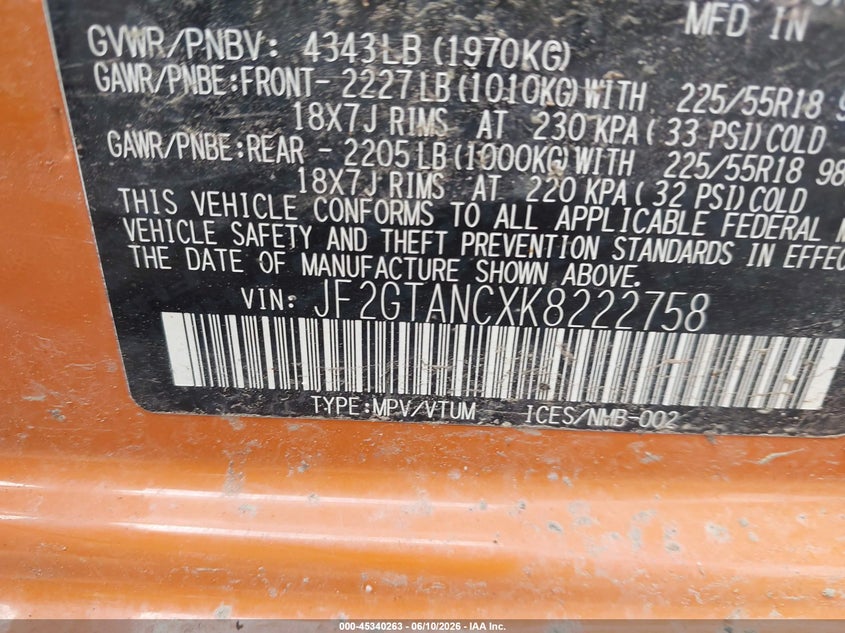 2019 Subaru Xv VIN JF2GTANCXK8222758 IAAI salvage auction — ROLLOVER, Salvage Title, sold $375 on 2026-07-14 (photo 9)