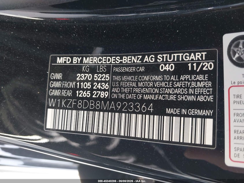 2021 Mercedes-benz E-klasse VIN W1KZF8DB8MA923364 IAAI salvage auction — LEFT REAR, Salvage Title, sold $15,200 on 2026-07-22 (photo 9)