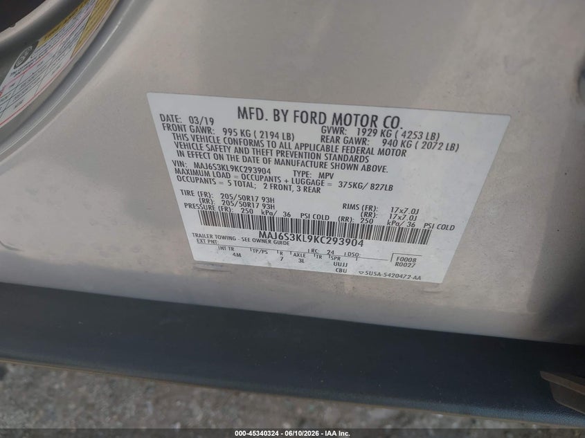 2019 Ford Ecosport VIN MAJ6S3KL9KC293904 IAAI salvage auction — FRONT & REAR, Rebuildable (Florida), sold $1,000 on 2026-07-30 (photo 9)