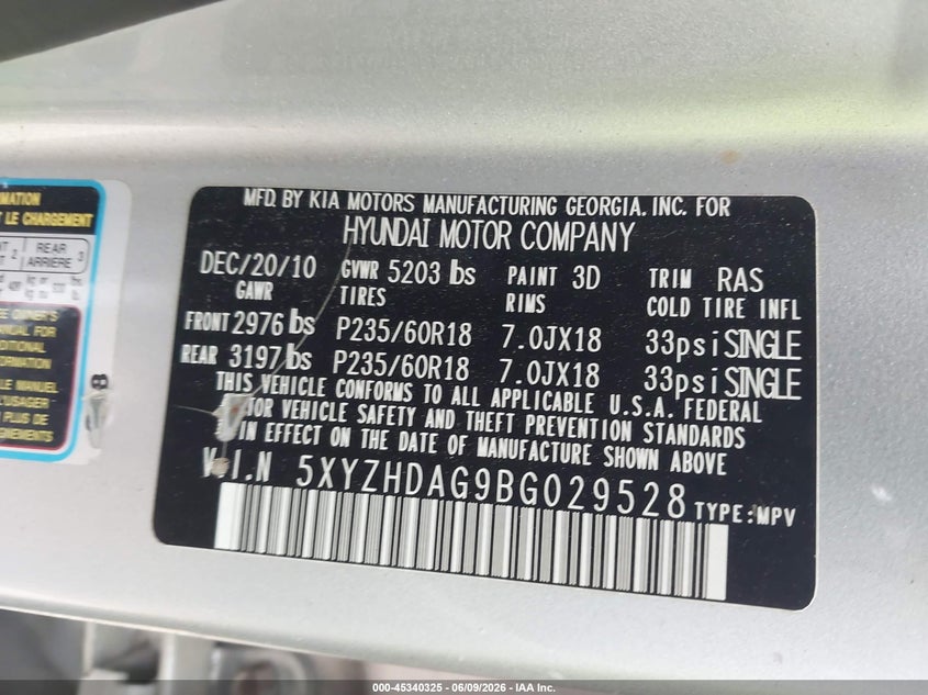 2011 Hyundai Santa fe VIN 5XYZHDAG9BG029528 IAAI salvage auction — FRONT END, Salvage (North Carolina), sold $725 on 2026-07-20 (photo 9)