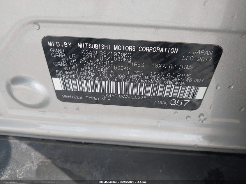 2018 Mitsubishi Outlander VIN JA4AR3AW8JZ033561 IAAI salvage auction — FRONT END, Clear (Virginia), sold $2,100 on 2026-07-14 (photo 9)