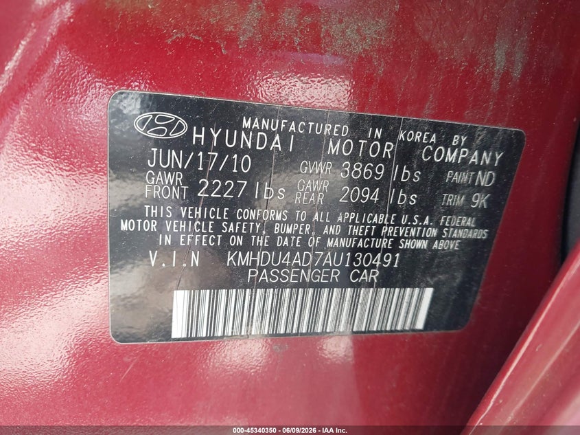 2010 Hyundai Elantra VIN KMHDU4AD7AU130491 IAAI salvage auction — NORMAL WEAR, Clear (Florida), sold $375 on 2026-07-15 (photo 9)