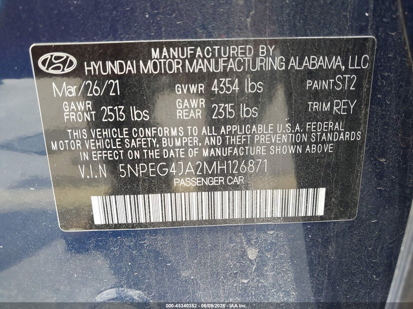 2021 Hyundai Sonata VIN 5NPEG4JA2MH126871 IAAI salvage auction — FRONT END, Certificate Of Destruction (Florida), sold $3,500 on 2026-07-24 (photo 9)