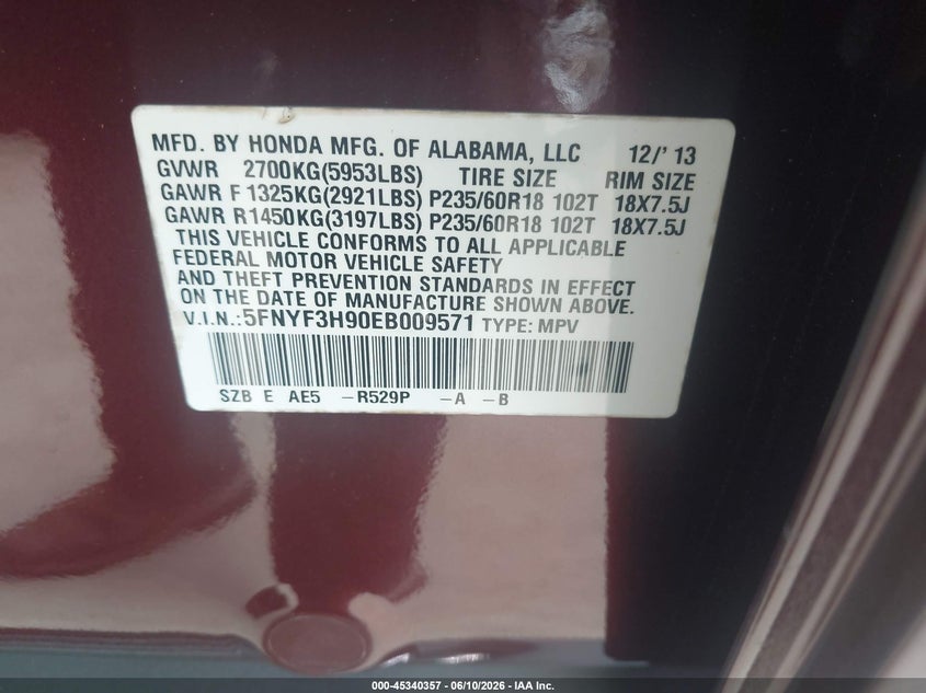 2014 Honda Pilot VIN 5FNYF3H90EB009571 IAAI salvage auction — HAIL, Original (Texas), sold $1,200 on 2026-07-09 (photo 9)