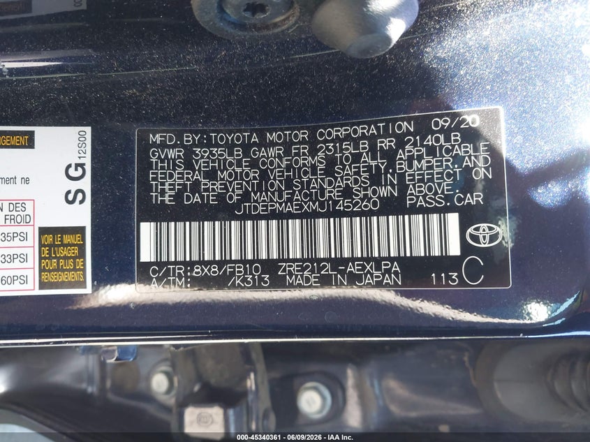 2021 Toyota Corolla VIN JTDEPMAEXMJ145260 IAAI salvage auction — RIGHT SIDE, Salvage (California), sold $2,950 on 2026-07-15 (photo 9)