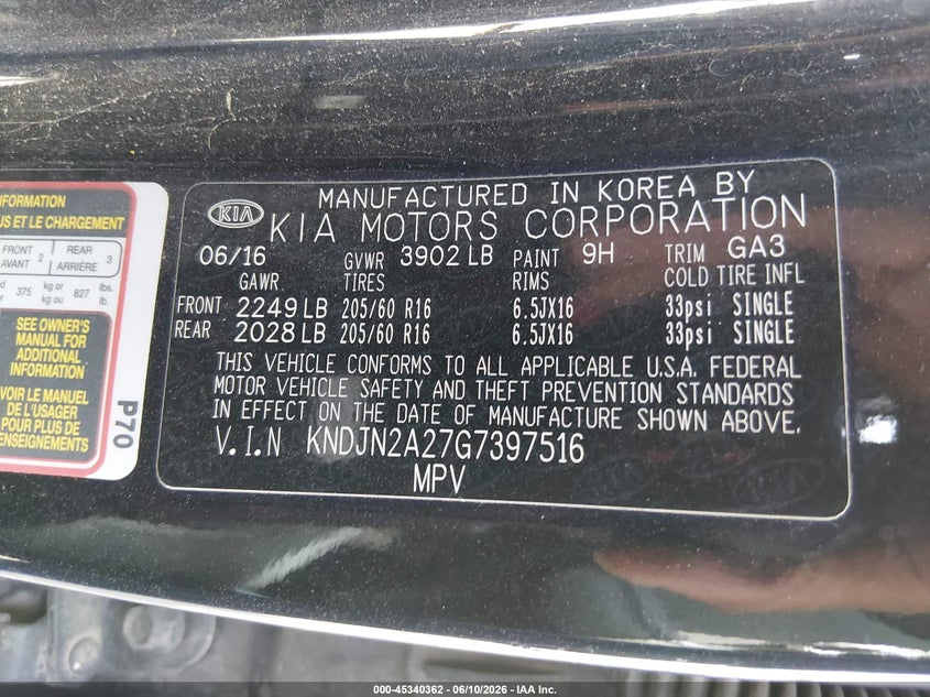 2016 Kia Soul VIN KNDJN2A27G7397516 IAAI salvage auction — LEFT FRONT, Salvage (Oklahoma), sold $650 on 2026-07-17 (photo 9)