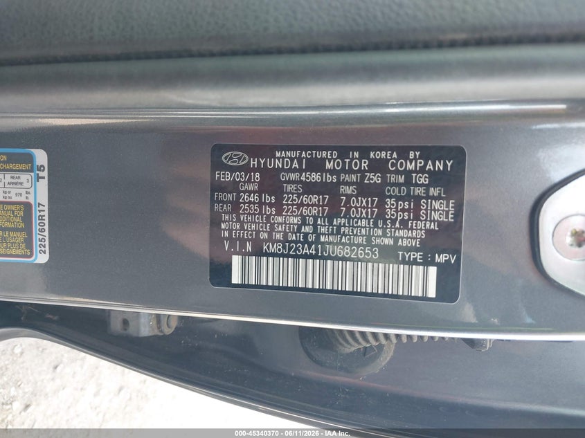 2018 Hyundai Tucson VIN KM8J23A41JU682653 IAAI salvage auction — NORMAL WEAR, SF97 (California), sold $8,400 on 2026-07-28 (photo 9)