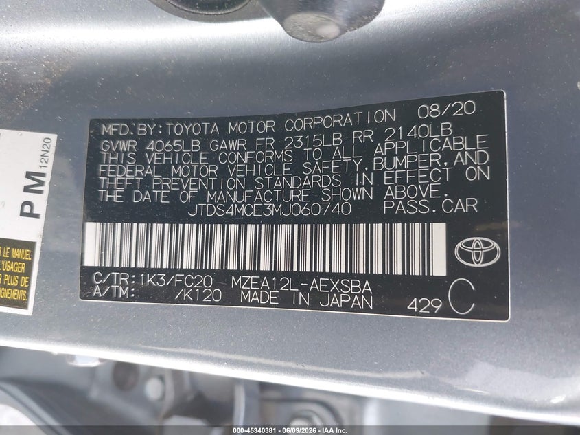 2021 Toyota Corolla VIN JTDS4MCE3MJ060740 IAAI salvage auction — FRONT & REAR, Salvage (California), sold $4,975 on 2026-07-14 (photo 9)