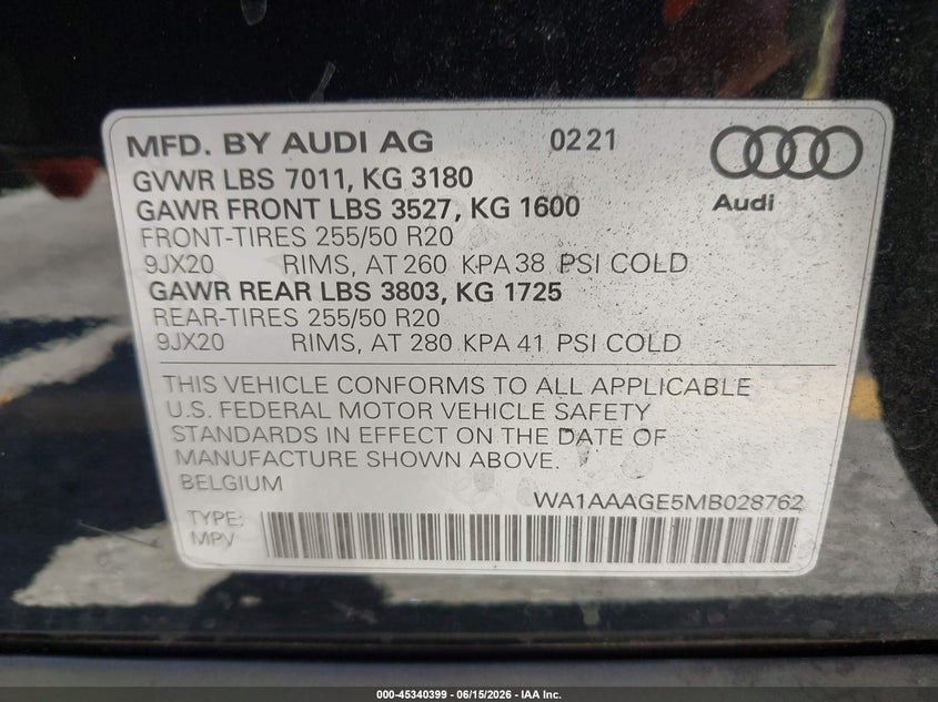 2021 Audi E-tron VIN WA1AAAGE5MB028762 IAAI salvage auction — FRONT END, Nrc Lienholder Repossession Paperwork (California), sold $3,550 on 2026-07-07 (photo 9)