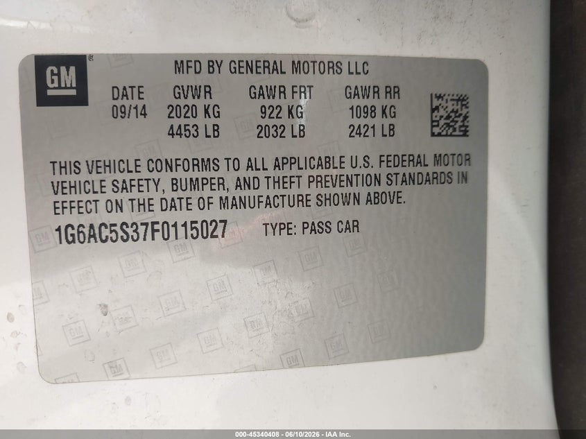 2015 Cadillac Ats VIN 1G6AC5S37F0115027 IAAI salvage auction — RIGHT FRONT, Original (Texas), sold $2,000 on 2026-07-31 (photo 9)