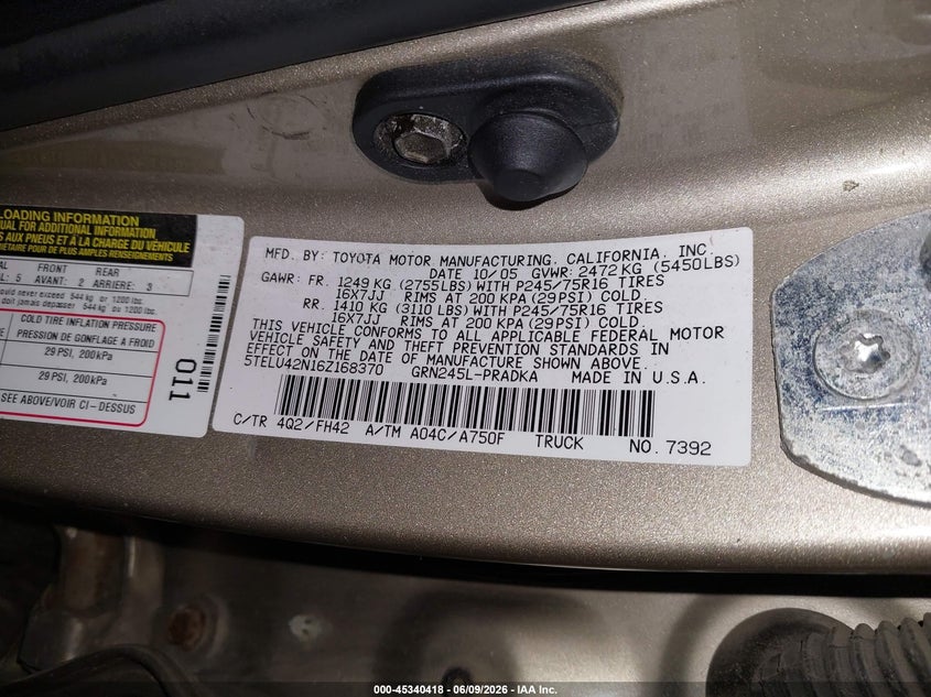 2006 Toyota Tacoma VIN 5TELU42N16Z168370 IAAI salvage auction — NORMAL WEAR, Clear (Michigan), sold $4,000 on 2026-07-20 (photo 9)