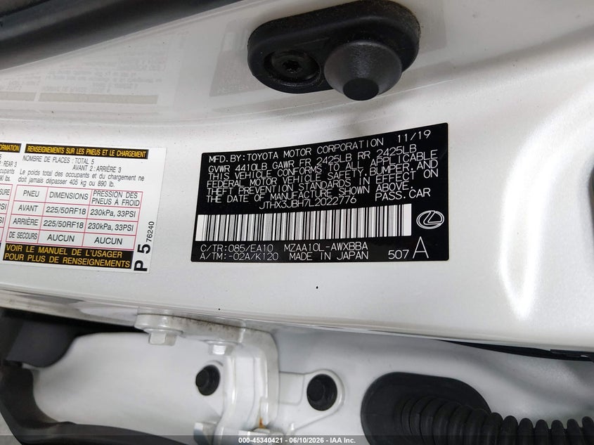2020 Lexus Ux VIN JTHX3JBH7L2022776 IAAI salvage auction — RIGHT FRONT, Rebuildable (Florida), sold $7,100 on 2026-07-08 (photo 9)