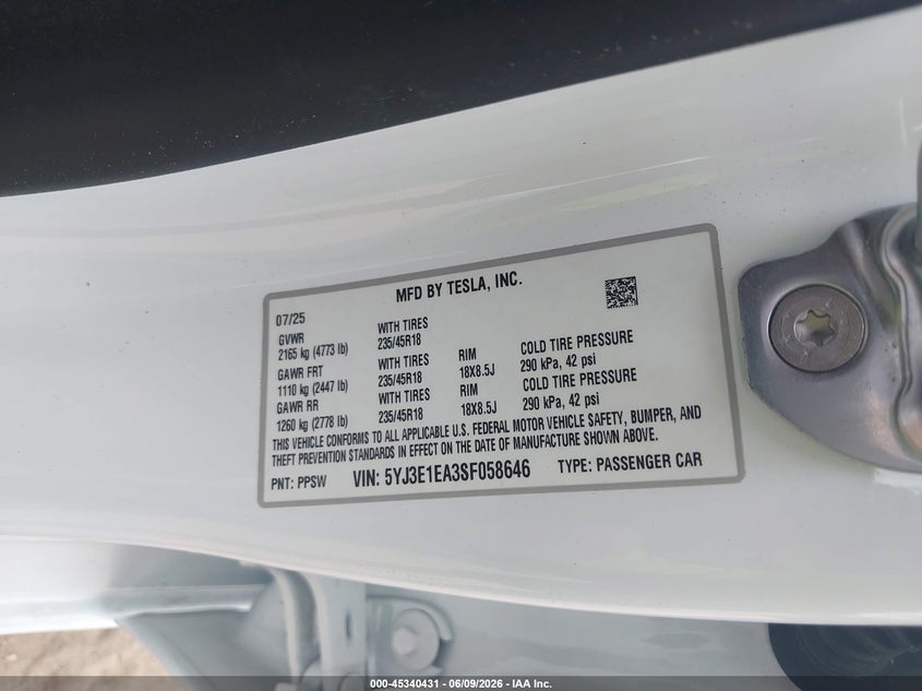 2025 Tesla Model 3 VIN 5YJ3E1EA3SF058646 IAAI salvage auction — FRONT END, Rebuildable (Florida), sold $10,250 on 2026-07-23 (photo 9)
