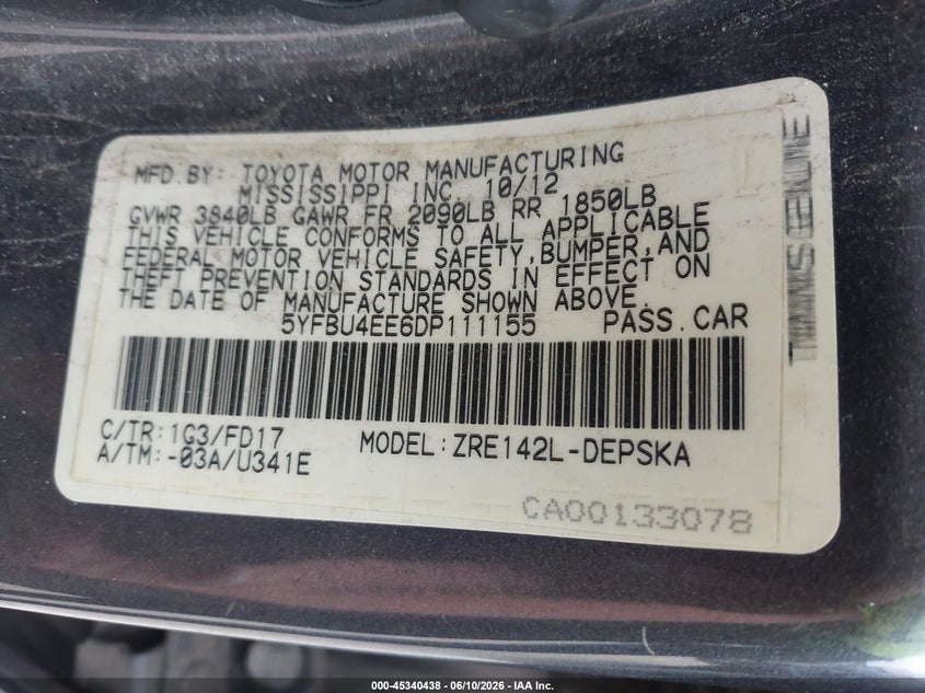 2013 Toyota Corolla VIN 5YFBU4EE6DP111155 IAAI salvage auction — FRONT END, Salvage (Ohio), sold $1,850 on 2026-07-15 (photo 9)