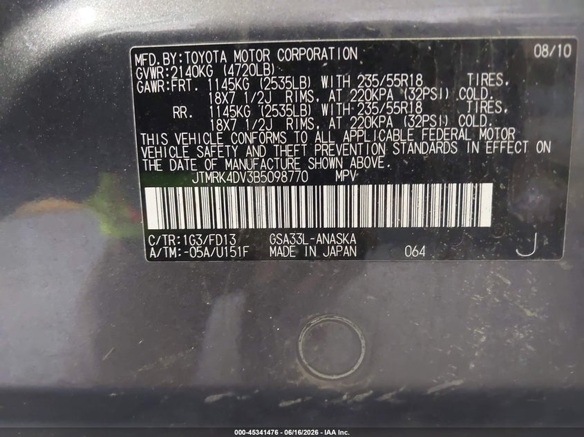 2011 Toyota Rav4 VIN JTMRK4DV3B5098770 IAAI salvage auction — FRONT & REAR, Clear (Colorado), sold $1,075 on 2026-07-15 (photo 9)