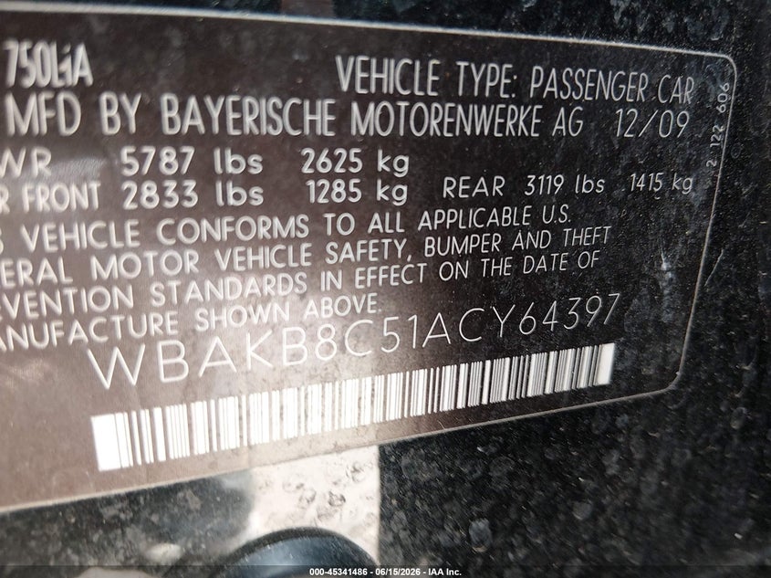 2010 BMW 7er VIN WBAKB8C51ACY64397 IAAI salvage auction — HAIL, Junk Bill Of Sale Mv2459 (Wisconsin), sold $25 on 2026-07-29 (photo 9)