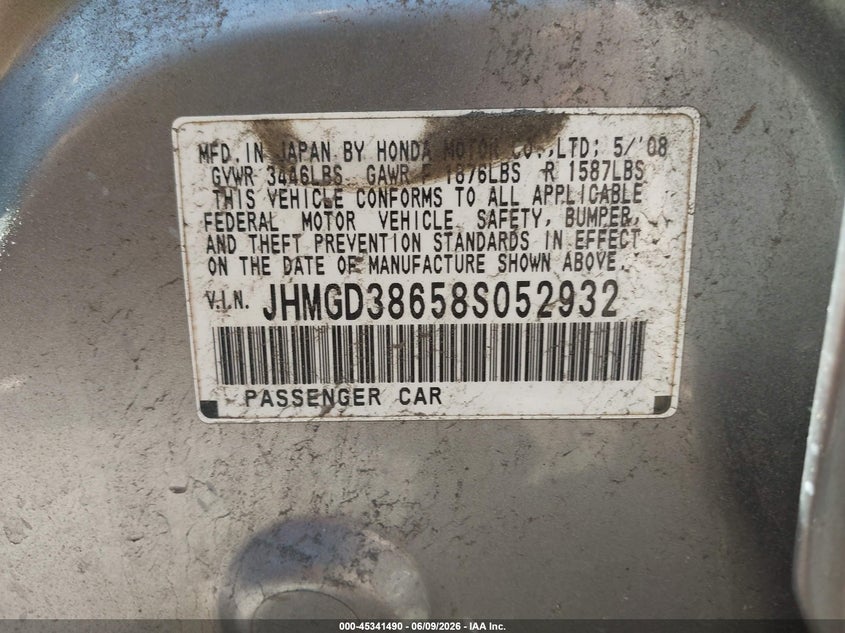 2008 Honda Fit VIN JHMGD38658S052932 IAAI salvage auction — NORMAL WEAR, Clear (Massachusetts), sold $225 on 2026-07-07 (photo 9)