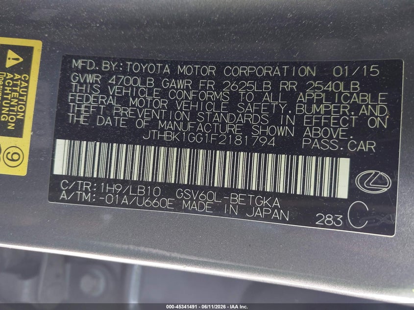 2015 Lexus ES VIN JTHBK1GG1F2181794 IAAI salvage auction — LEFT FRONT, Salvage (Georgia), sold $3,850 on 2026-07-29 (photo 9)