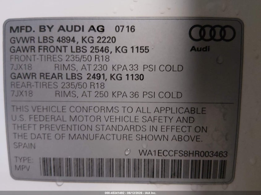 2017 Audi Q3 VIN WA1ECCFS8HR003463 IAAI salvage auction — RIGHT REAR, Salvage (Iowa), sold $2,950 on 2026-07-21 (photo 9)