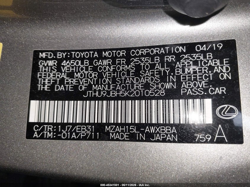2019 Lexus Ux VIN JTHU9JBH5K2010528 IAAI salvage auction — RIGHT FRONT, Mv-907A (New York), sold $6,800 on 2026-07-08 (photo 9)