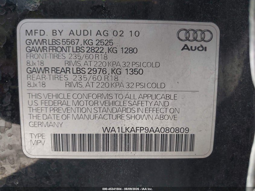 2010 Audi Q5 VIN WA1LKAFP9AA080809 IAAI salvage auction — NORMAL WEAR, Clear (Massachusetts), sold $400 on 2026-07-21 (photo 9)
