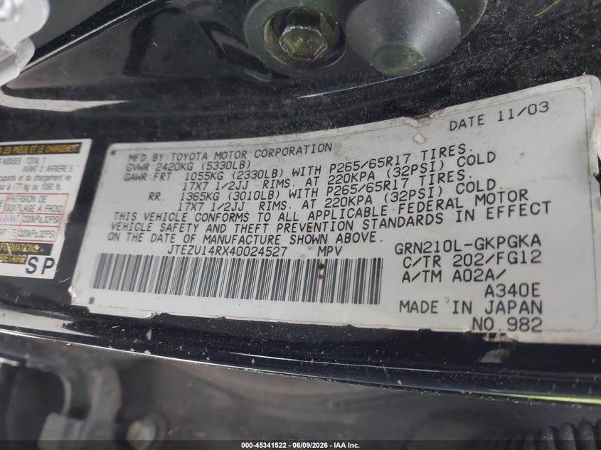 2004 Toyota 4runner VIN JTEZU14RX40024527 IAAI salvage auction — LEFT SIDE, Salvage (Louisiana), sold $1,850 on 2026-07-13 (photo 9)