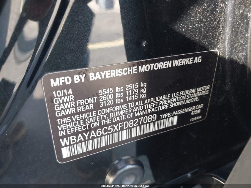 2015 BMW 7er VIN WBAYA6C5XFD827089 IAAI salvage auction — WATER/FLOOD, Rebuildable (Florida), sold $825 on 2026-07-16 (photo 9)